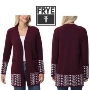 FRYE The Cozy Cardigan with Border Pattern Open Front Sweater Red Maroon Stretch